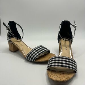 Rampage Women 8.5 Black White Check Cork Heeled Sandals Open Toe Ankle Strap
